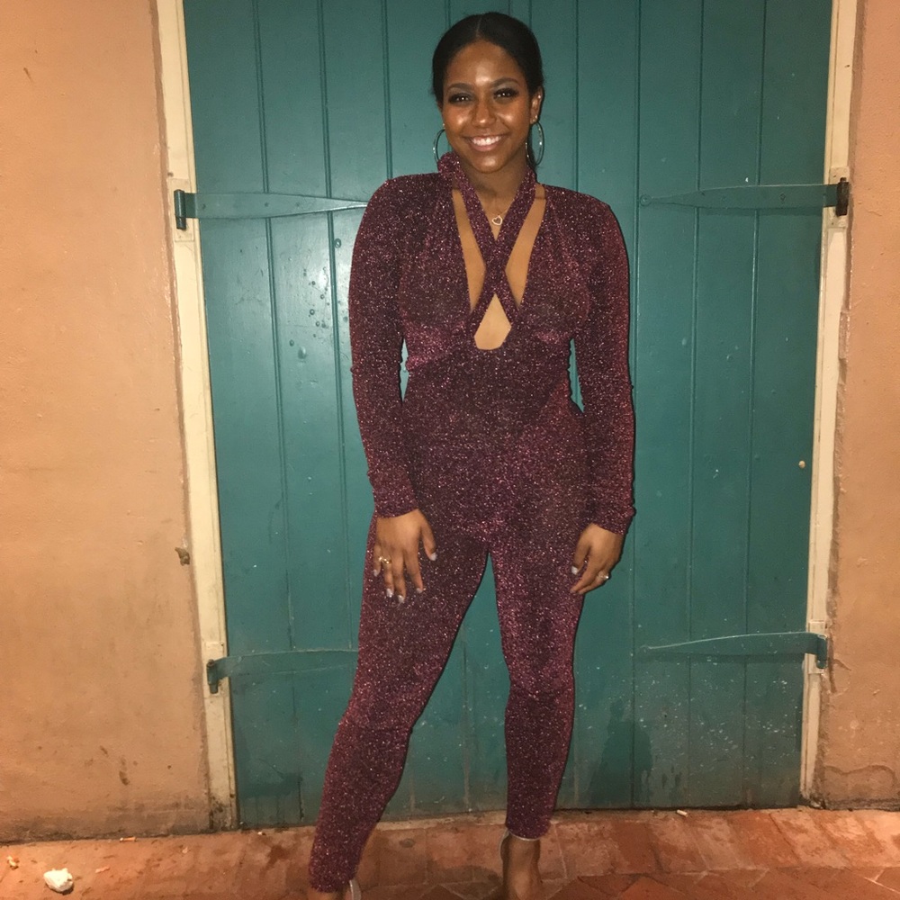 AKIRA purple sparkle jumpsuit